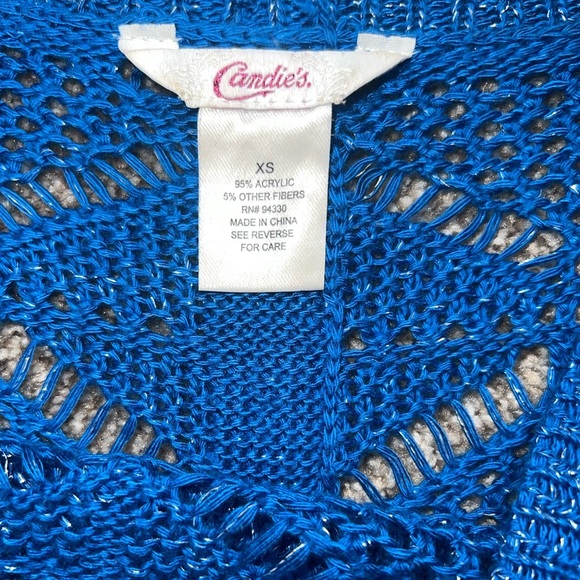 XS Royal Blue Candie's Crochet Cropped Sweater with Button Design in the back - Picture 3 of 3